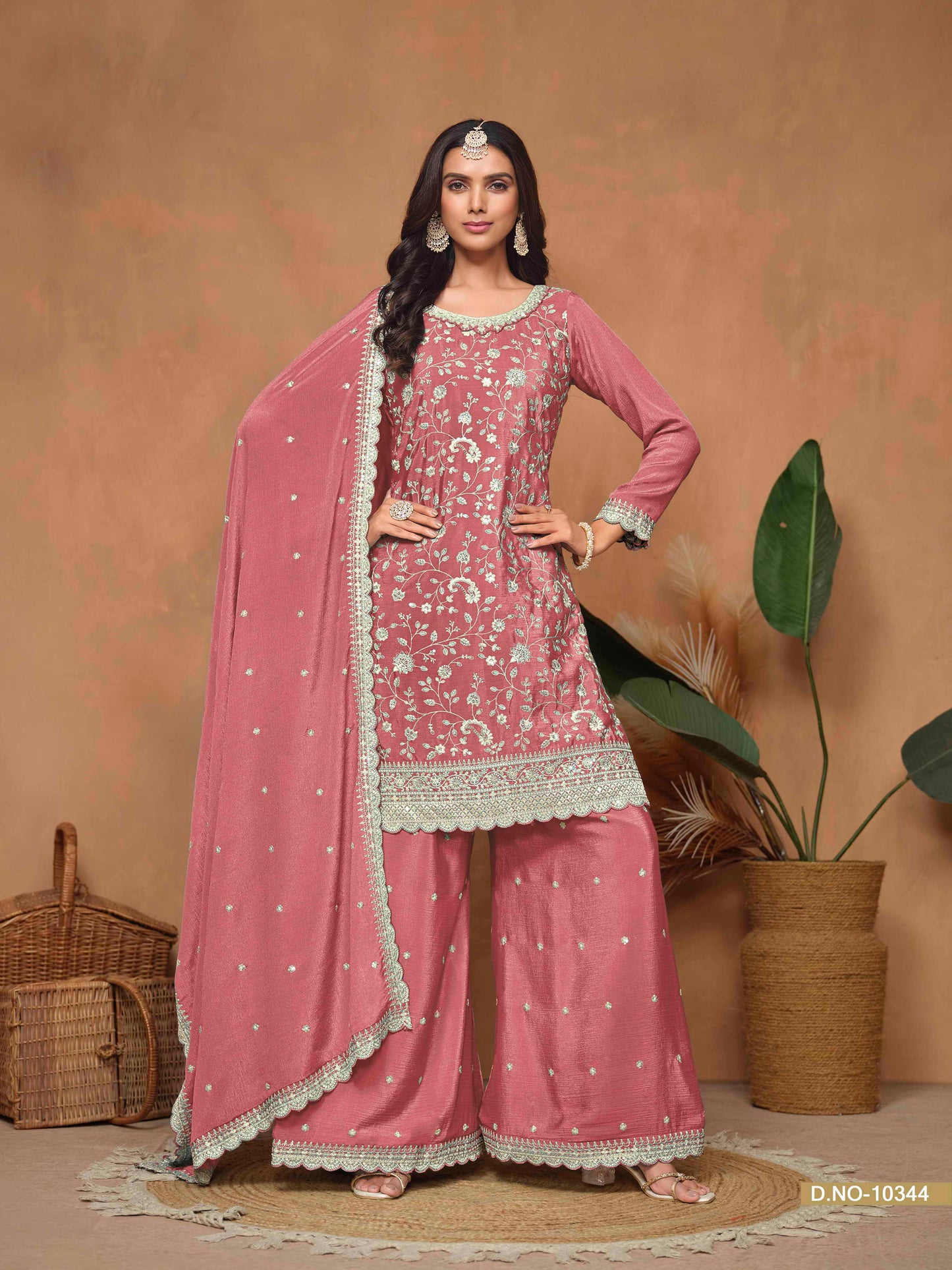 Embroidered Chinon Palazzo Suit with Sequins Dupatta