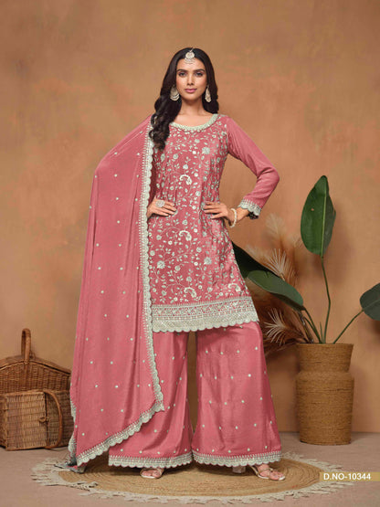Embroidered Chinon Palazzo Suit with Sequins Dupatta
