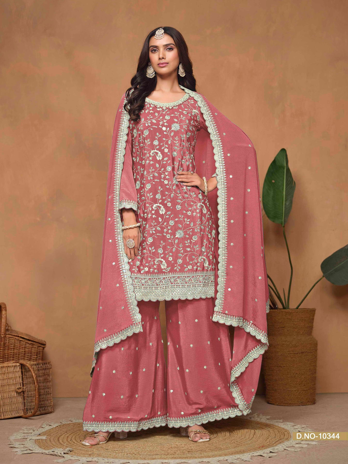 Embroidered Chinon Palazzo Suit with Sequins Dupatta