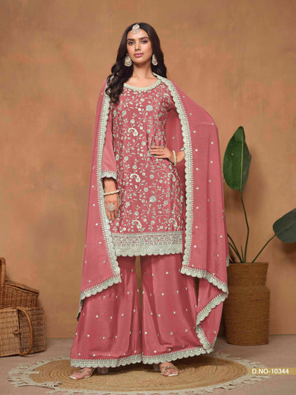 Embroidered Chinon Palazzo Suit with Sequins Dupatta