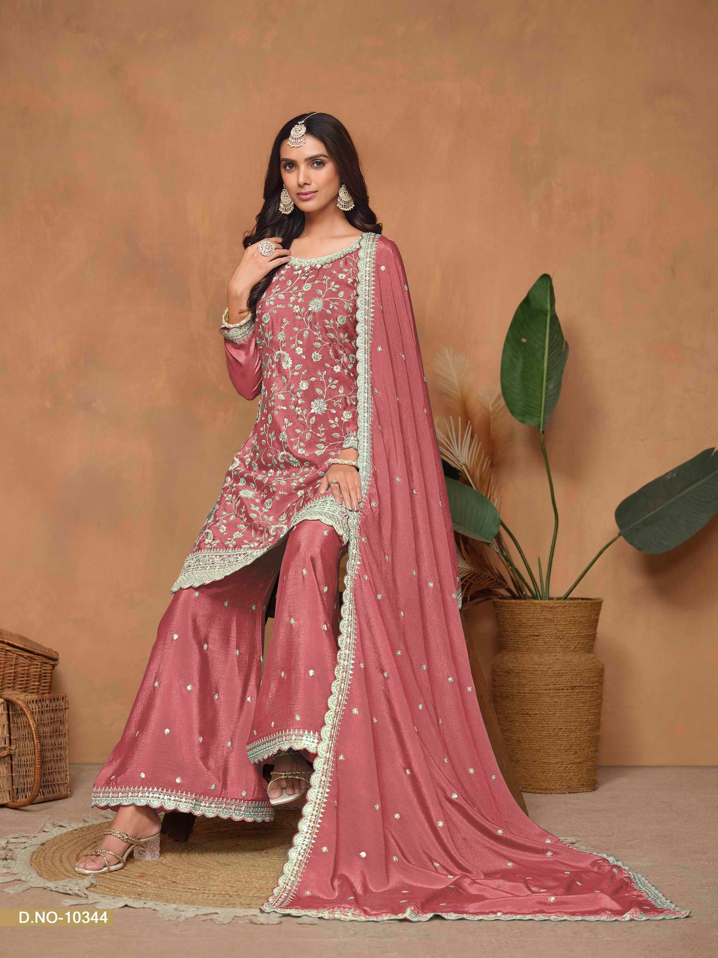 Embroidered Chinon Palazzo Suit with Sequins Dupatta