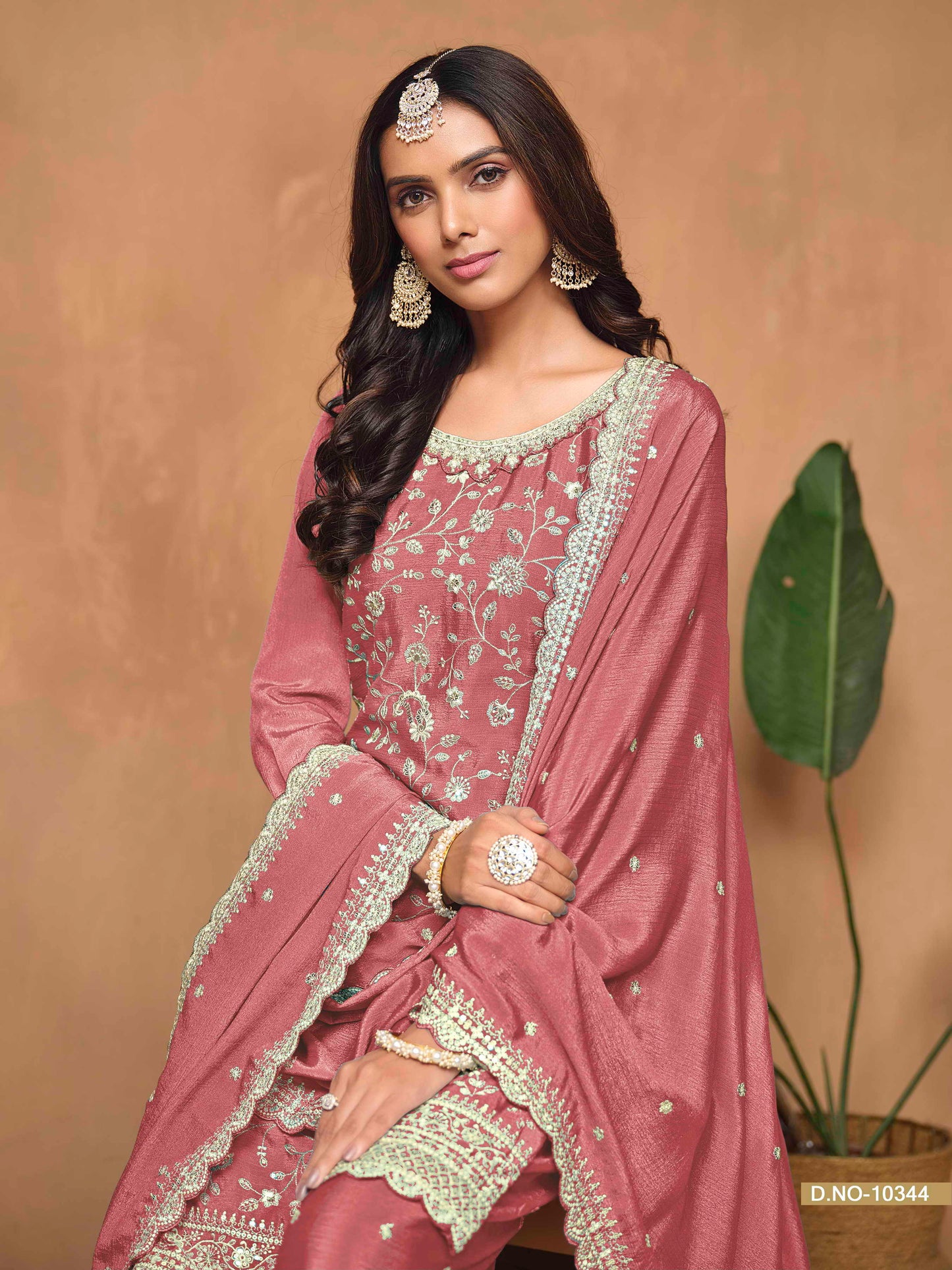 Embroidered Chinon Palazzo Suit with Sequins Dupatta