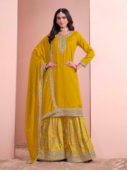 Embroidered Art Silk Palazzo Suit with Lace Dupatta
