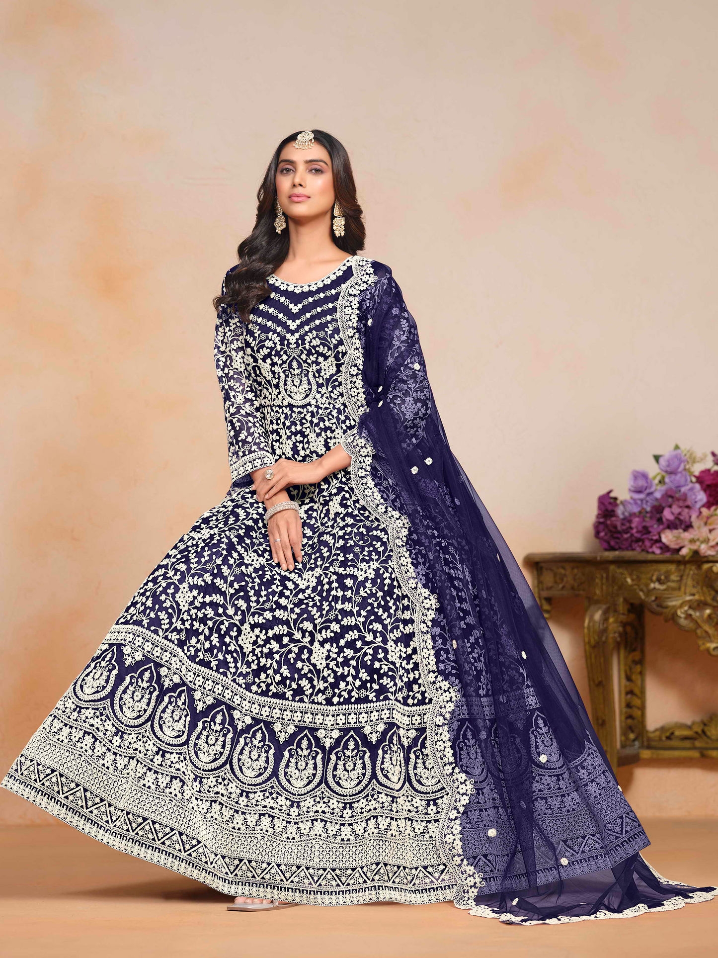 Embroidered Net Anarkali Gown with Dori Work