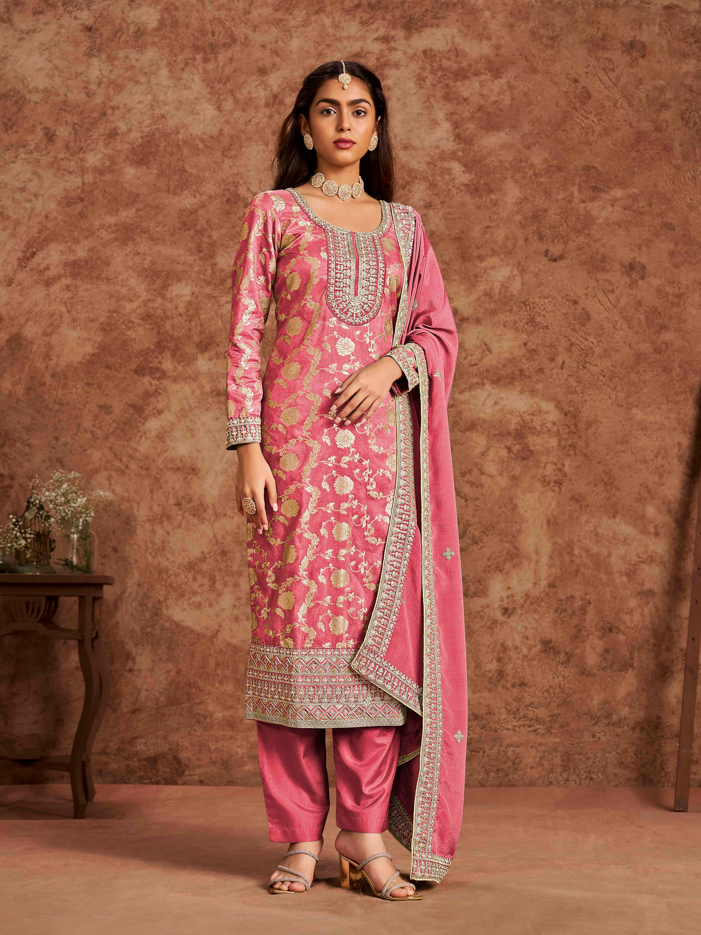 Embroidered Dolla Jacquard Palazzo Suit with Lace Dupatta