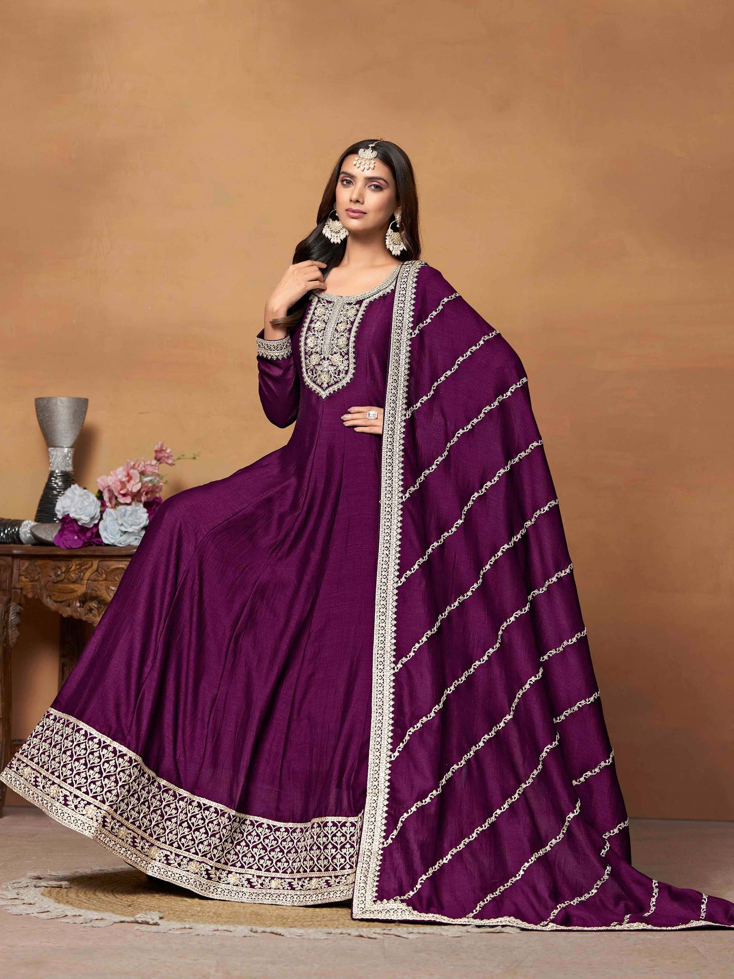 Embroidered Art Silk Gown with Dupatta