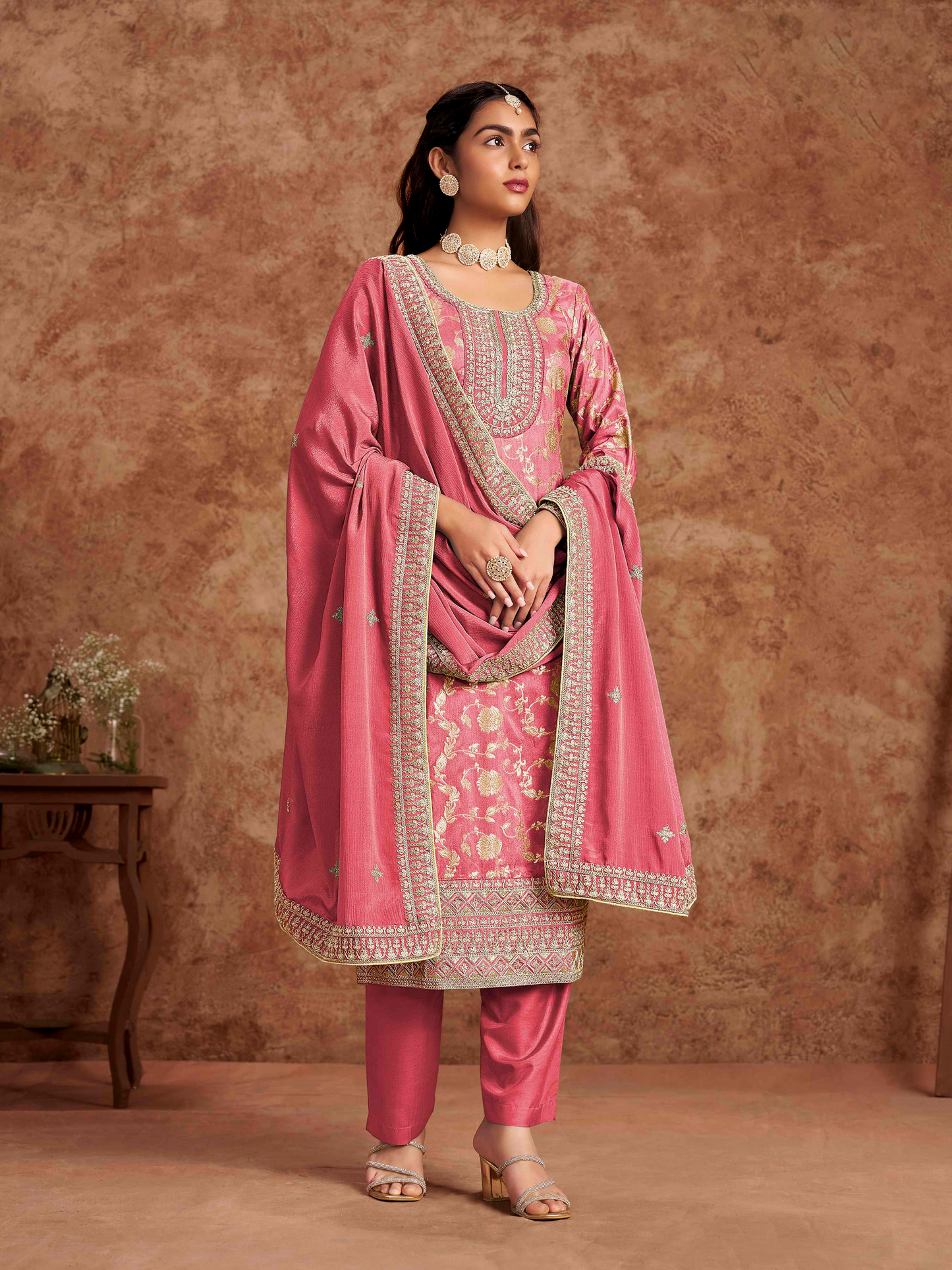 Embroidered Dolla Jacquard Palazzo Suit with Lace Dupatta