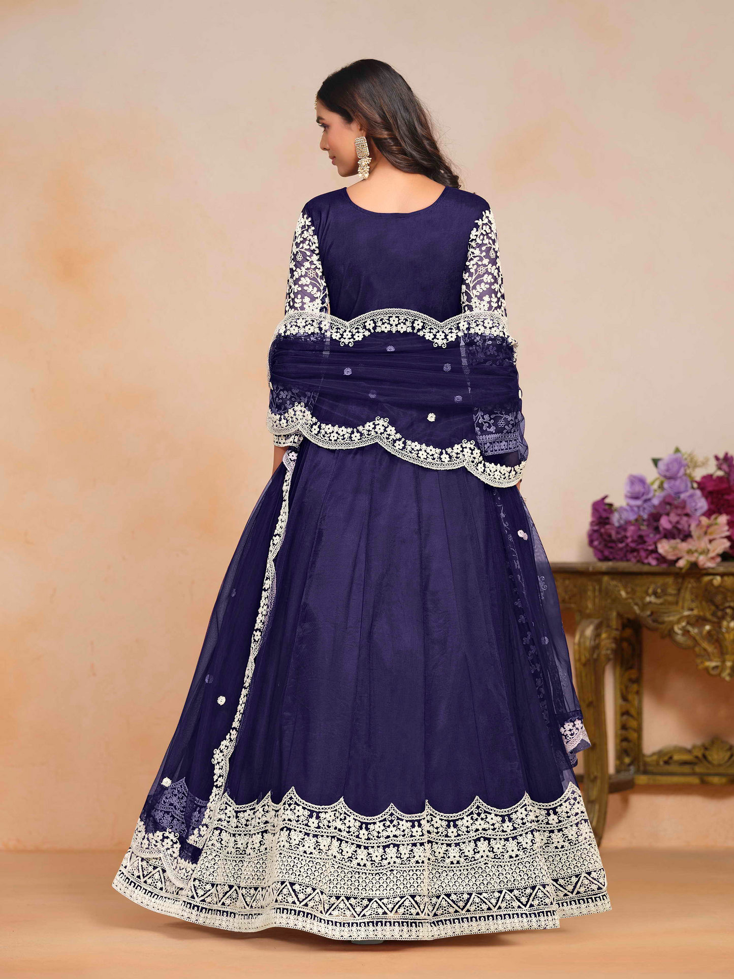 Embroidered Net Anarkali Gown with Dori Work