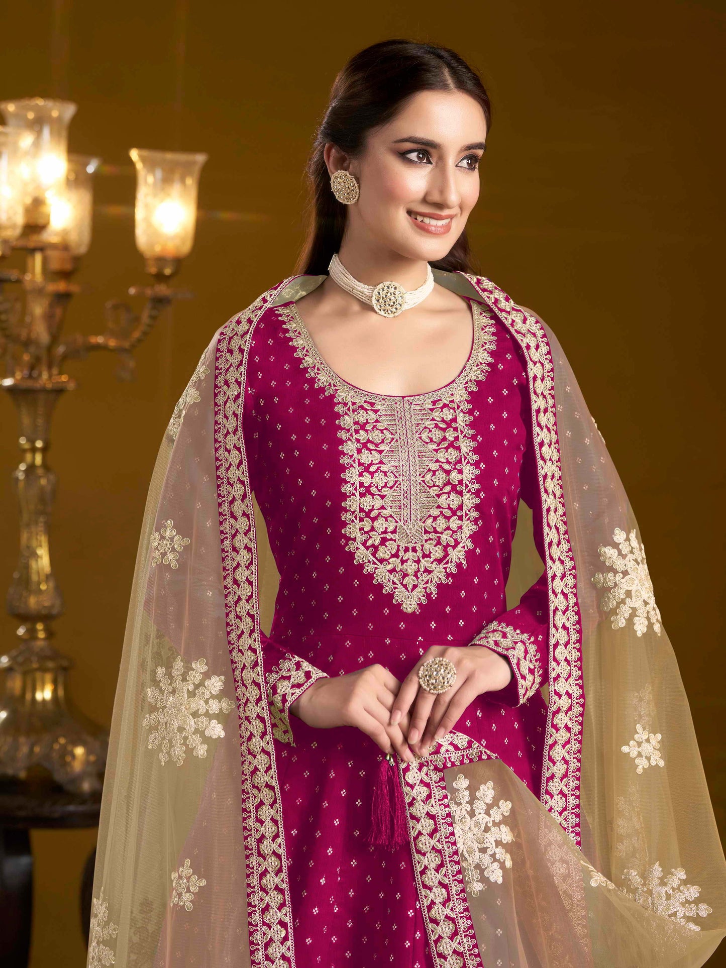 Embroidered Chanderi Butti Gown with Net Lace Dupatta