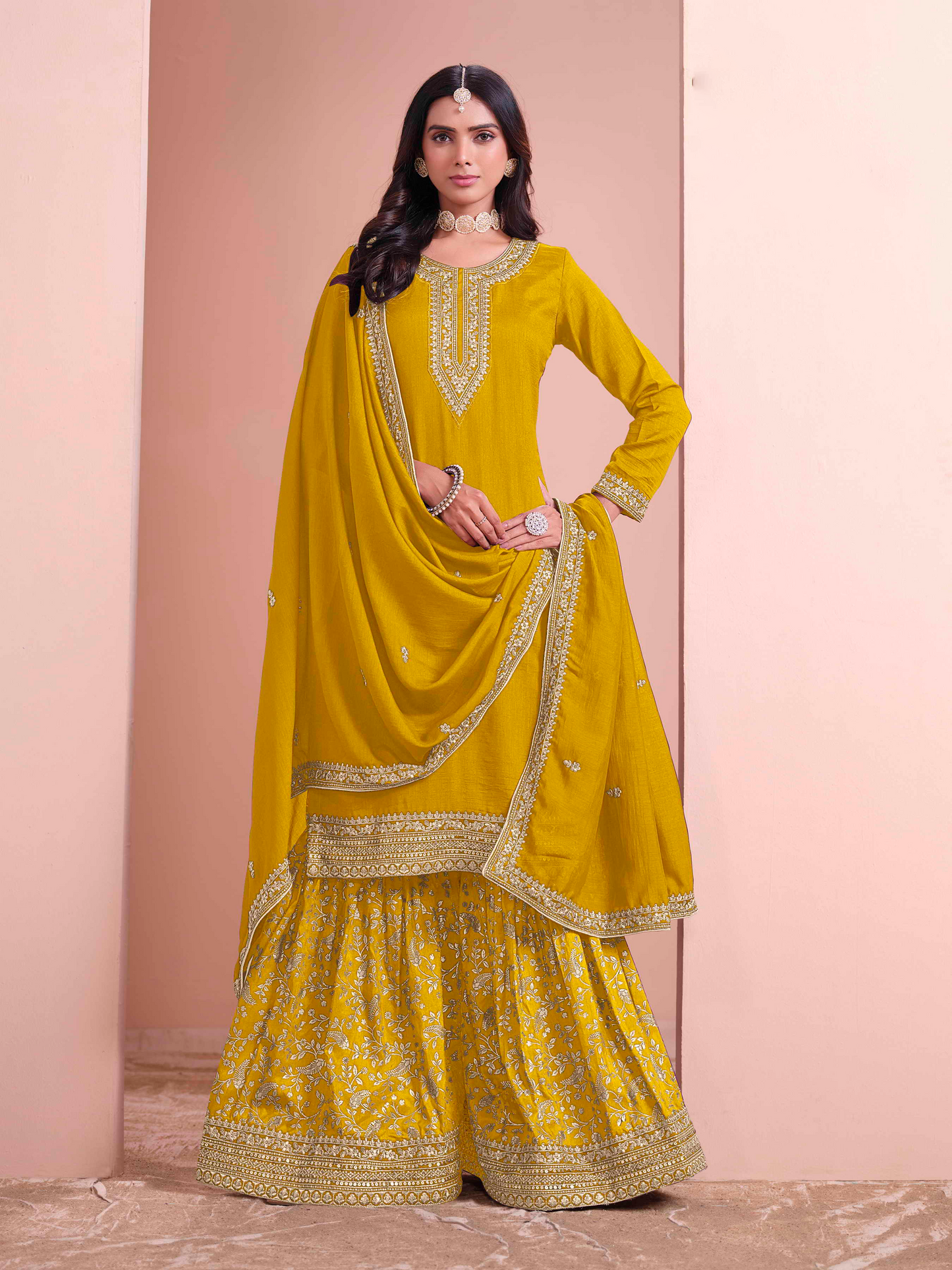 Embroidered Art Silk Palazzo Suit with Lace Dupatta