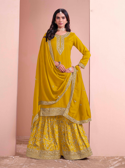 Embroidered Art Silk Palazzo Suit with Lace Dupatta
