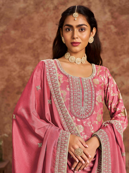 Embroidered Dolla Jacquard Palazzo Suit with Lace Dupatta