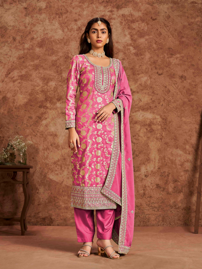Embroidered Dolla Jacquard Palazzo Suit with Lace Dupatta