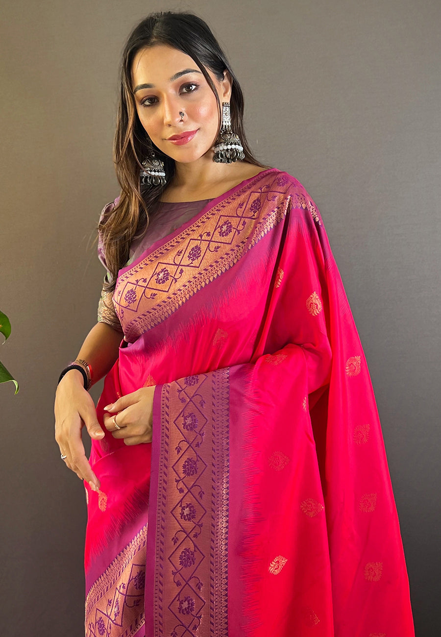 Pure Soft Silk Floral Zari Woven Saree with Contrast Border