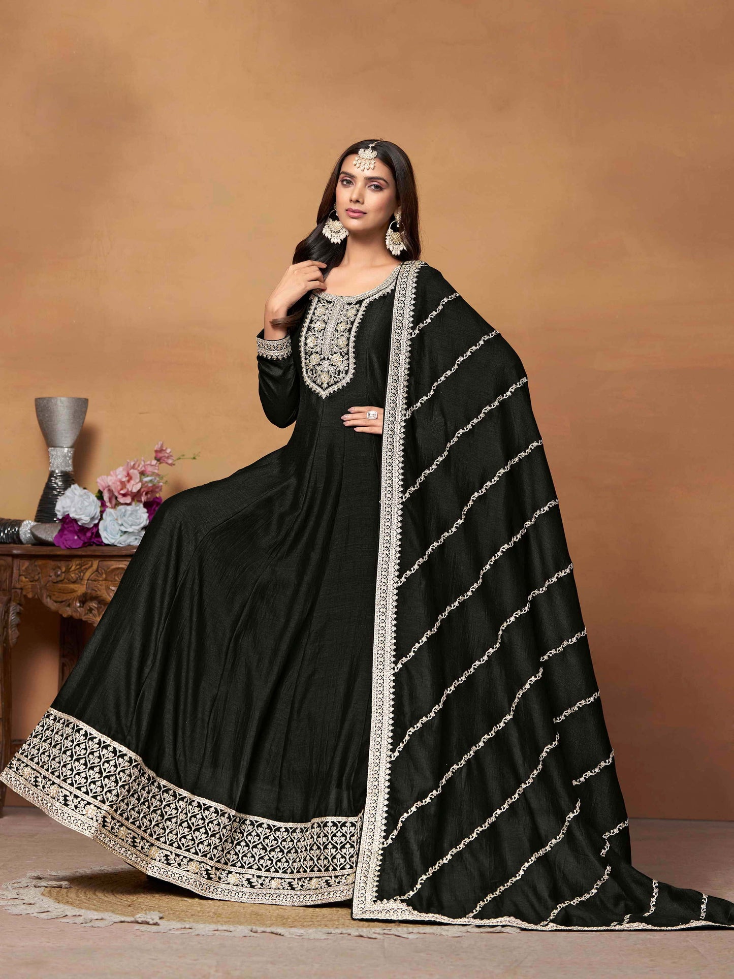 Embroidered Art Silk Gown with Dupatta