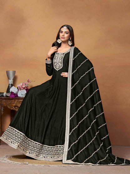 Embroidered Art Silk Gown with Dupatta