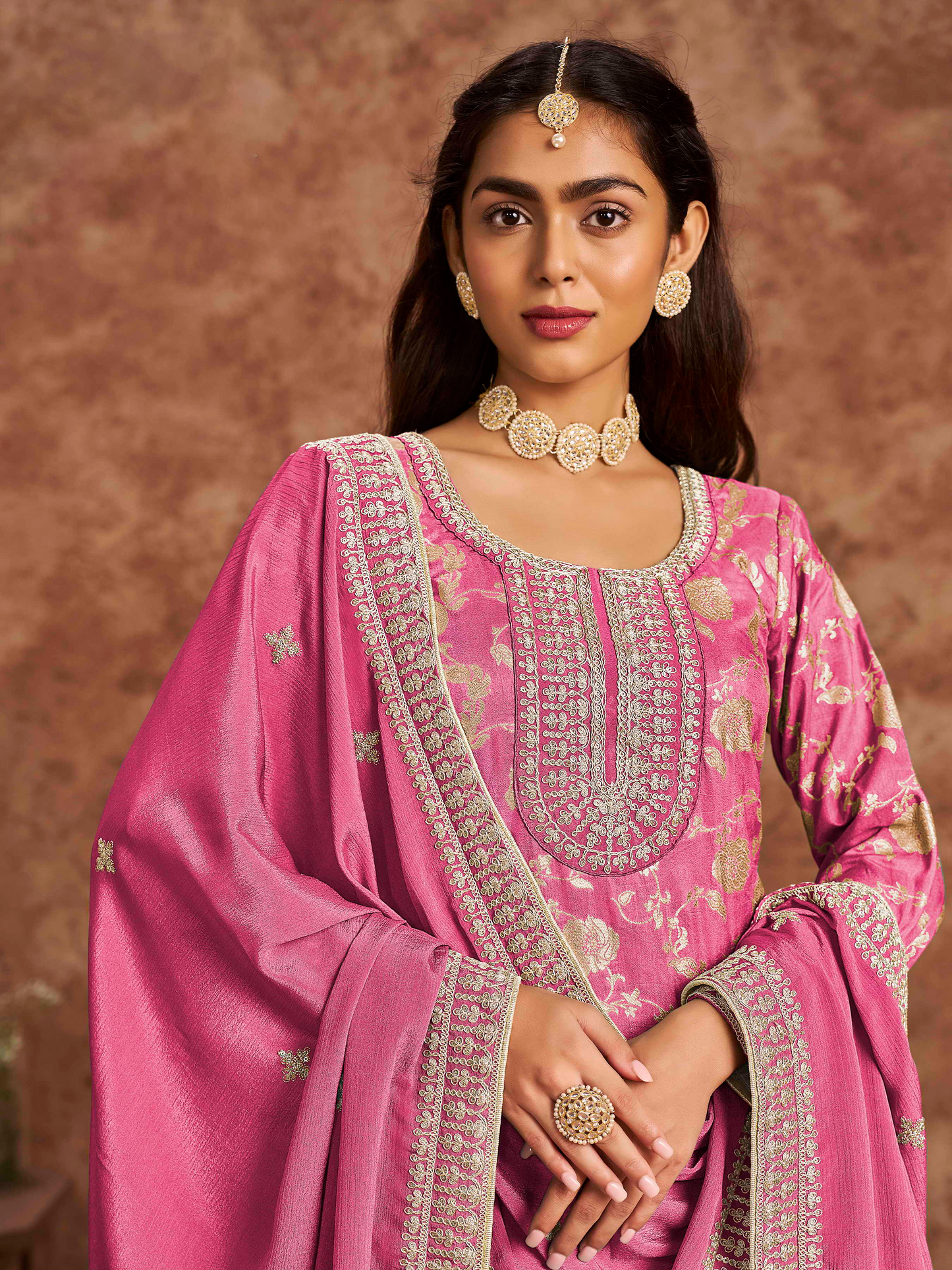 Embroidered Dolla Jacquard Palazzo Suit with Lace Dupatta