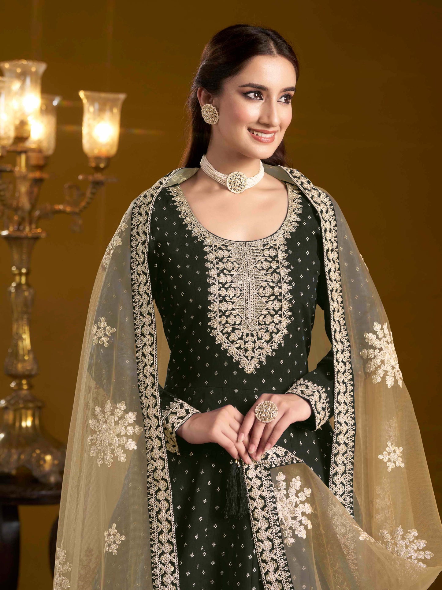 Embroidered Chanderi Butti Gown with Net Lace Dupatta