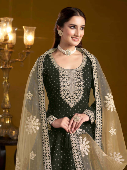 Embroidered Chanderi Butti Gown with Net Lace Dupatta