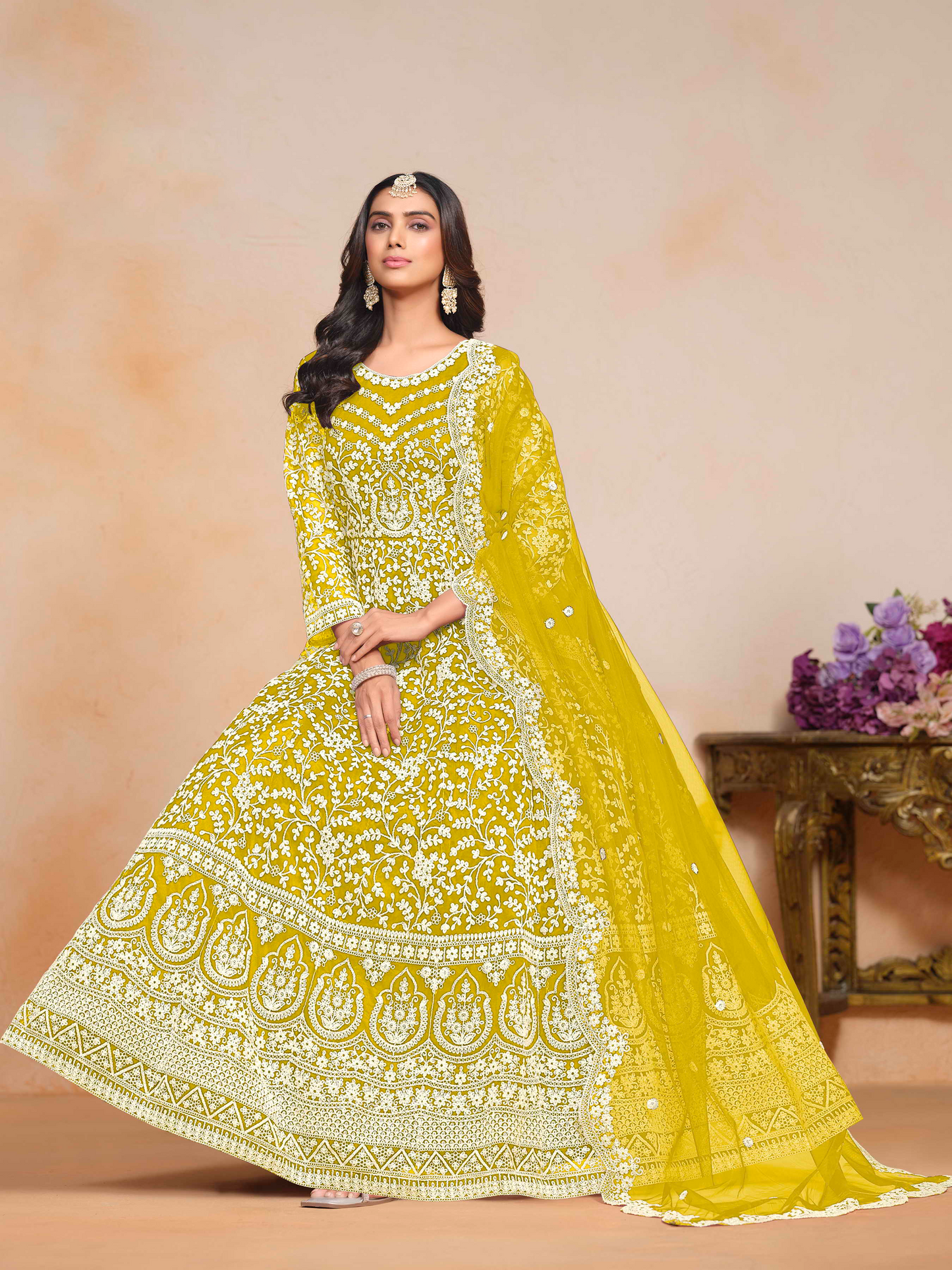 Embroidered Net Anarkali Gown with Dori Work