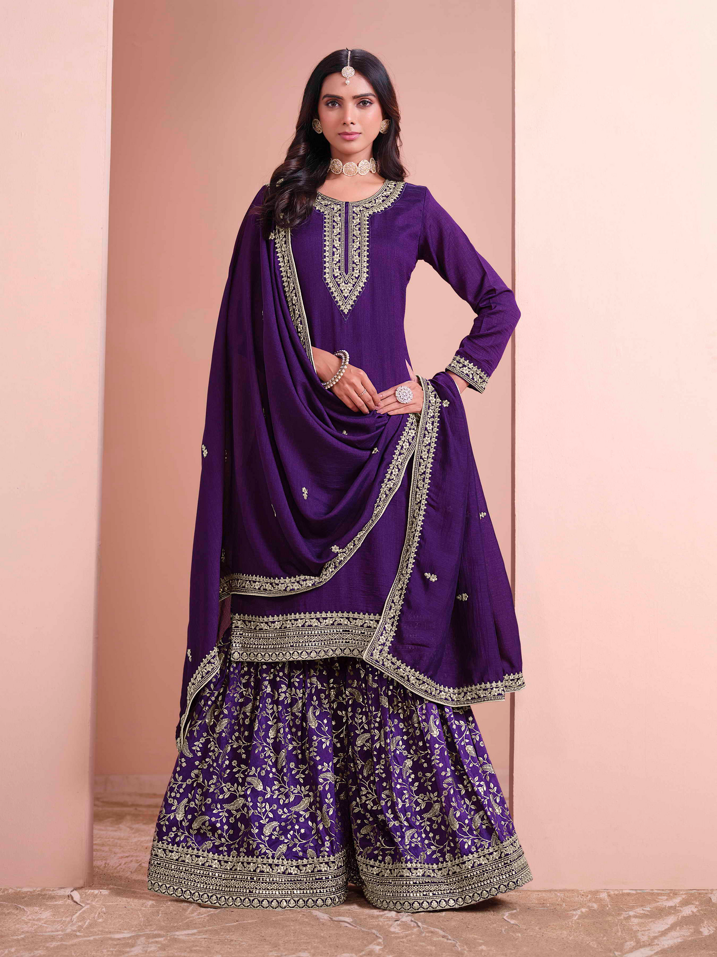 Embroidered Art Silk Palazzo Suit with Lace Dupatta