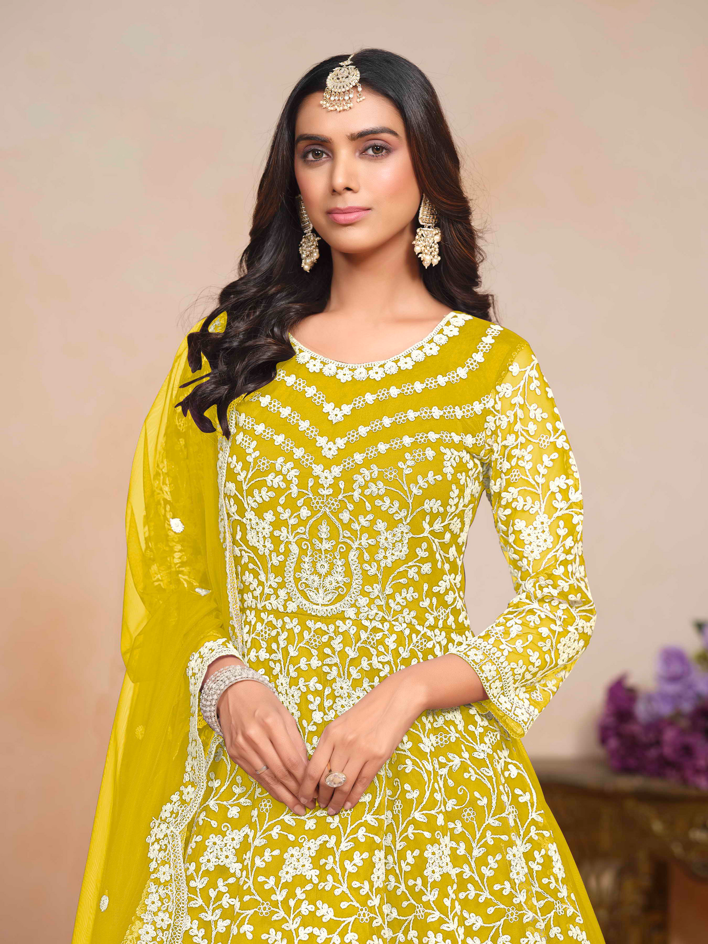 Embroidered Net Anarkali Gown with Dori Work