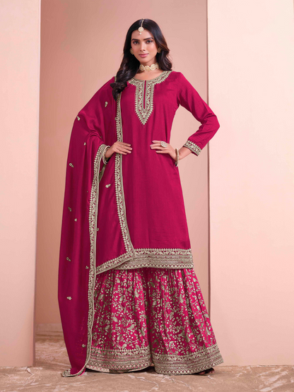 Embroidered Art Silk Palazzo Suit with Lace Dupatta