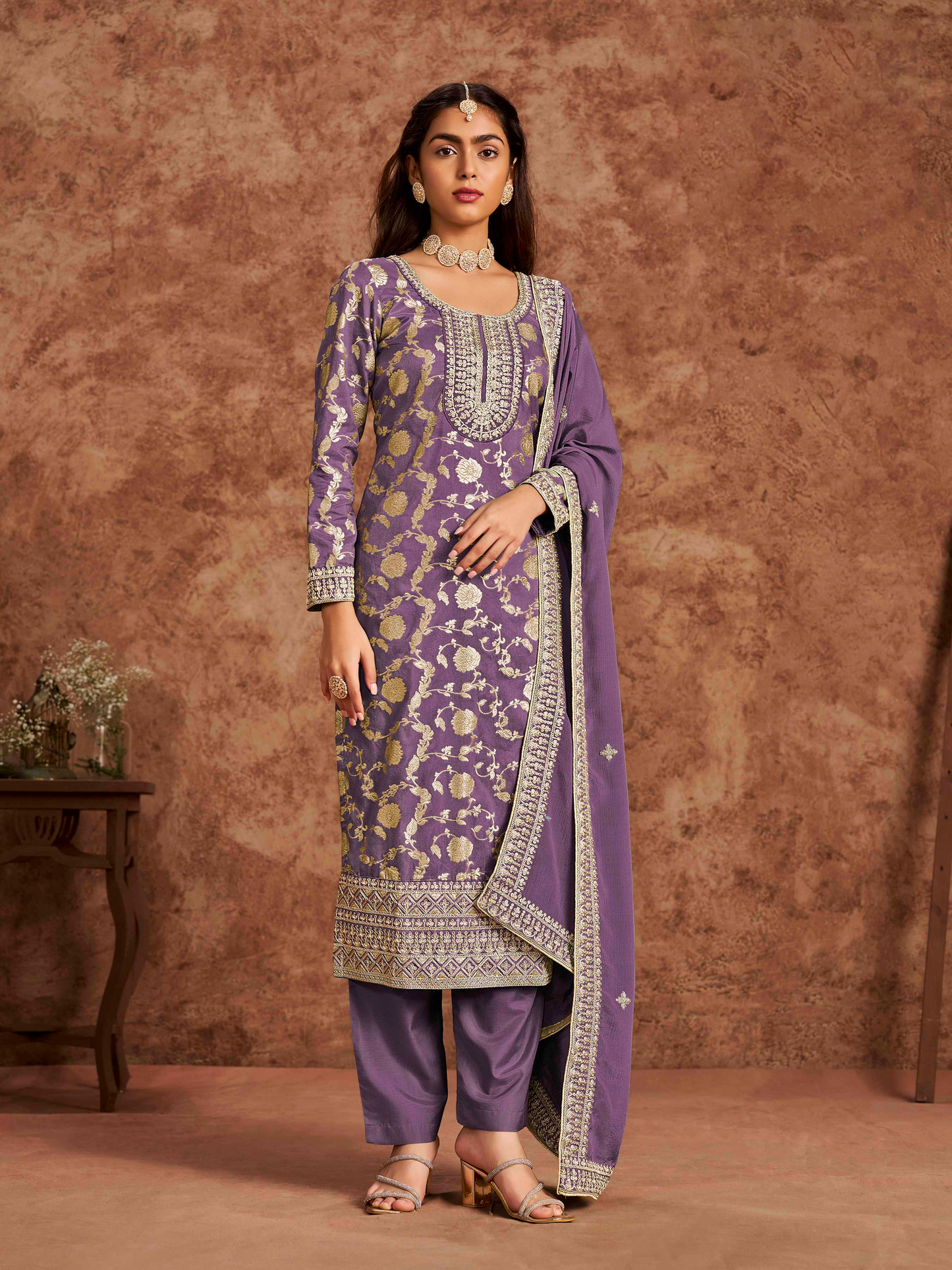 Embroidered Dolla Jacquard Palazzo Suit with Lace Dupatta