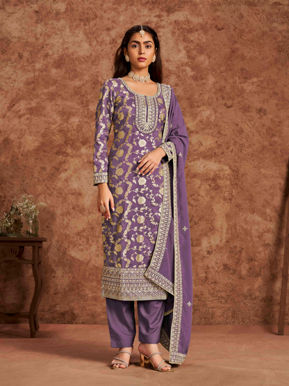 Embroidered Dolla Jacquard Palazzo Suit with Lace Dupatta