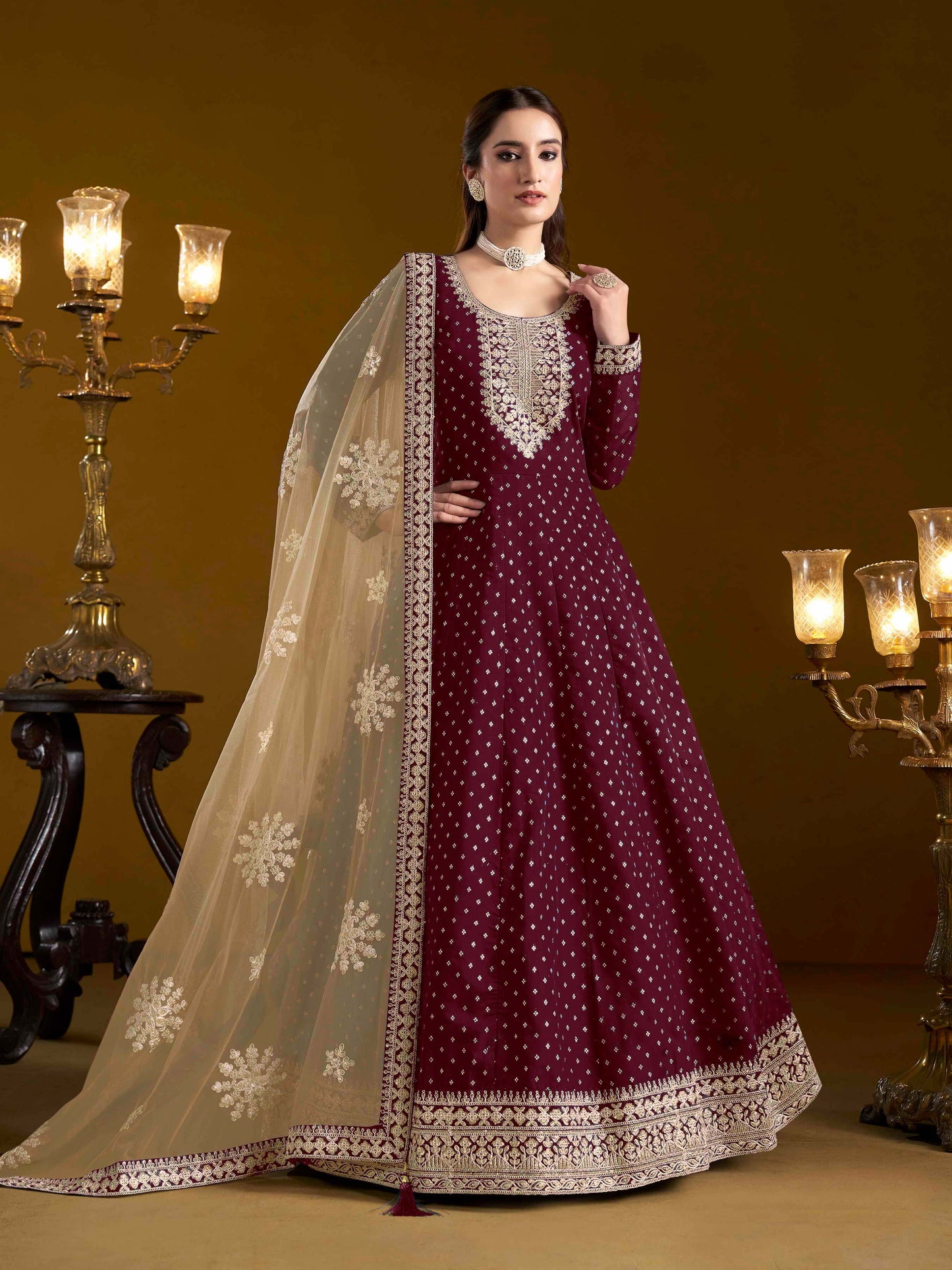 Embroidered Chanderi Butti Gown with Net Lace Dupatta