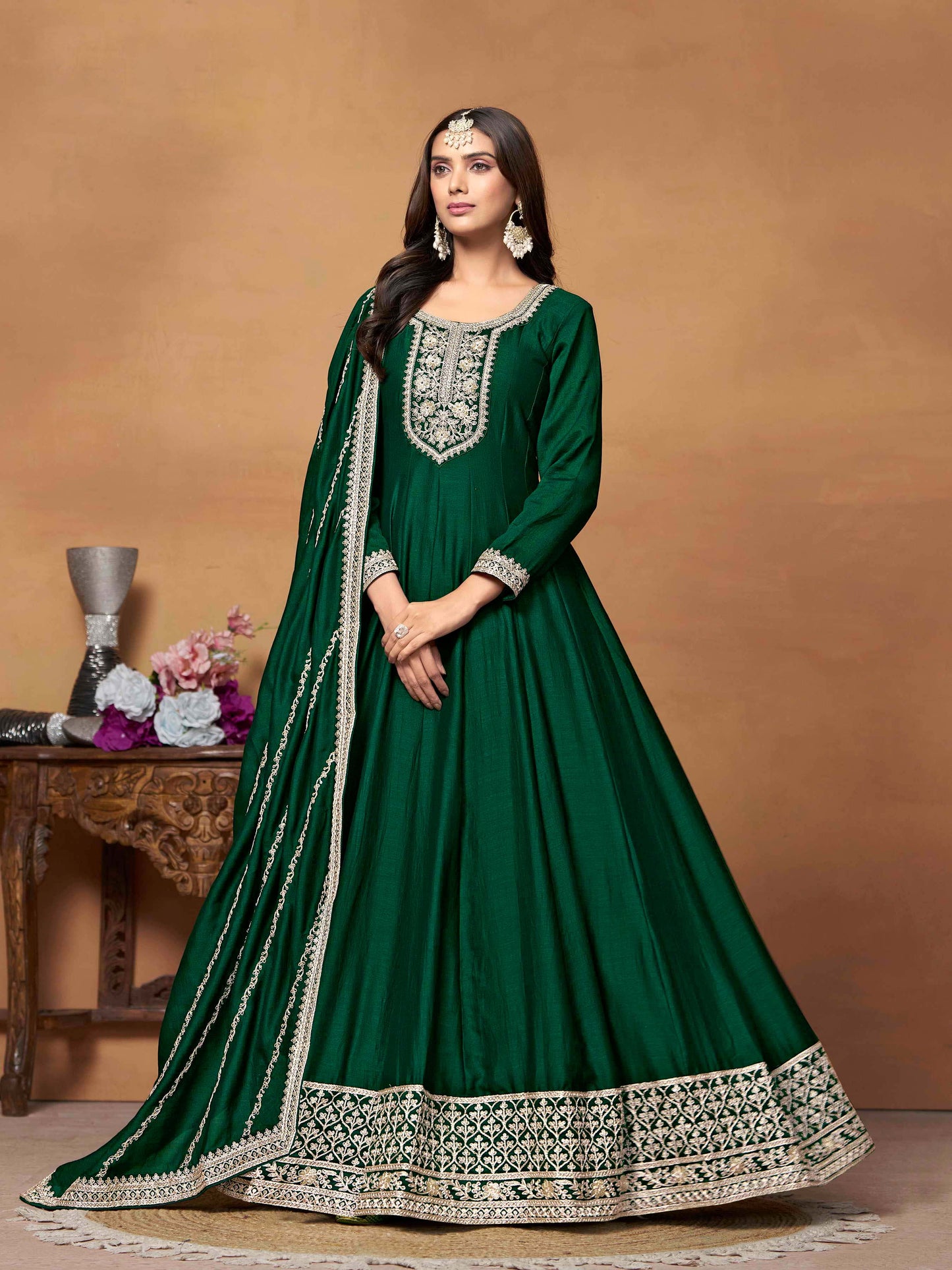 Embroidered Art Silk Gown with Dupatta
