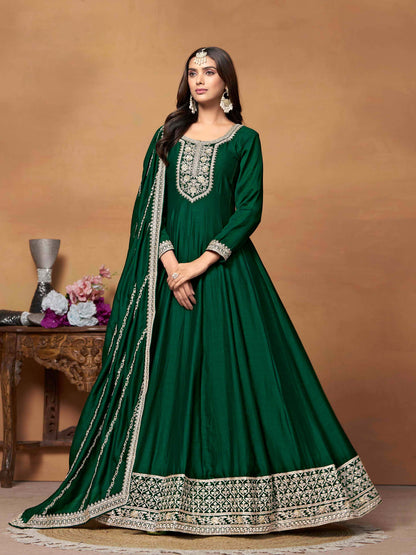 Embroidered Art Silk Gown with Dupatta
