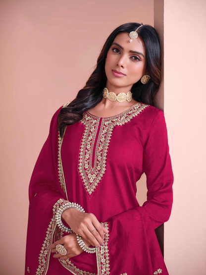 Embroidered Art Silk Palazzo Suit with Lace Dupatta