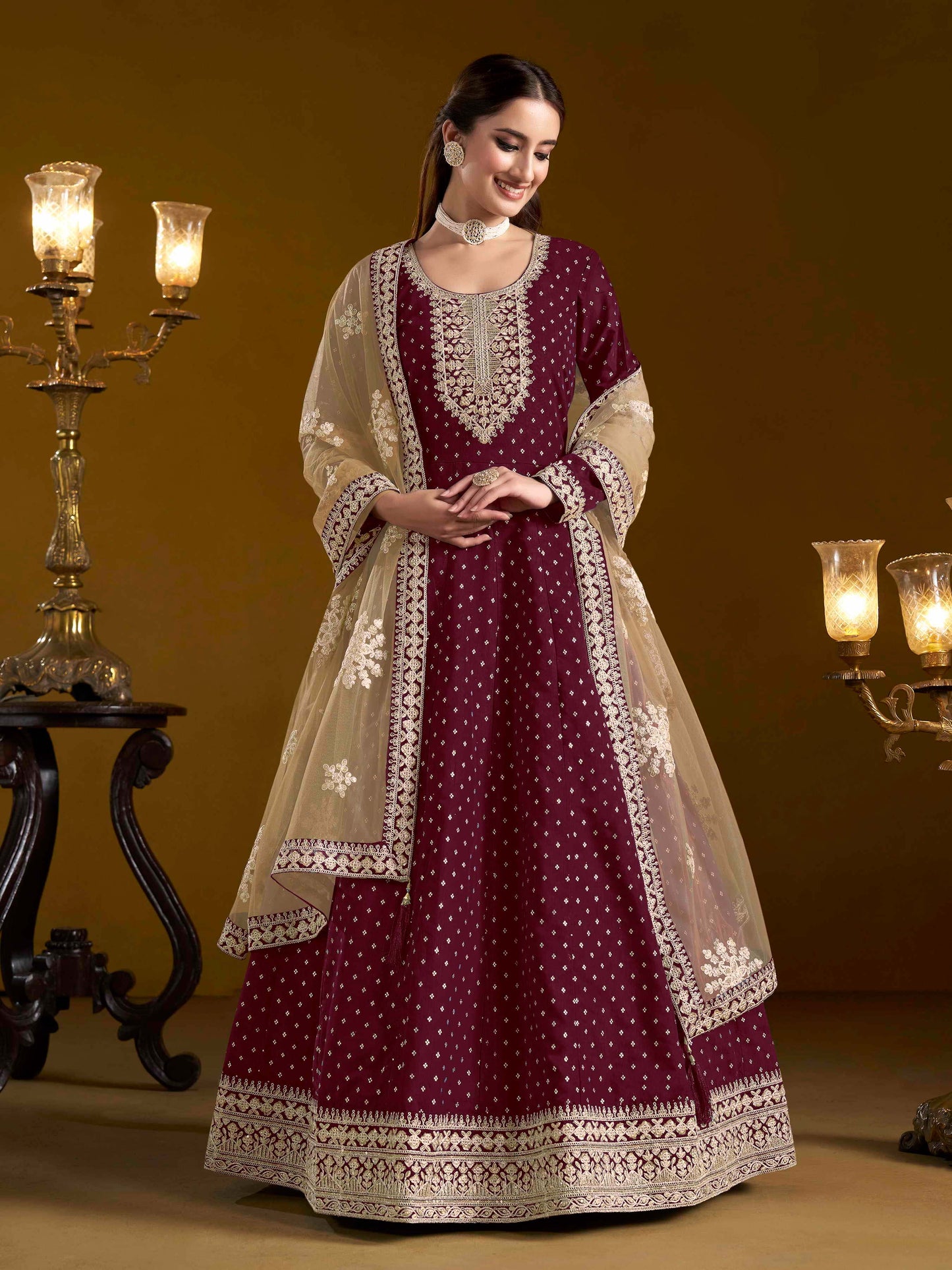 Embroidered Chanderi Butti Gown with Net Lace Dupatta