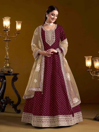 Embroidered Chanderi Butti Gown with Net Lace Dupatta