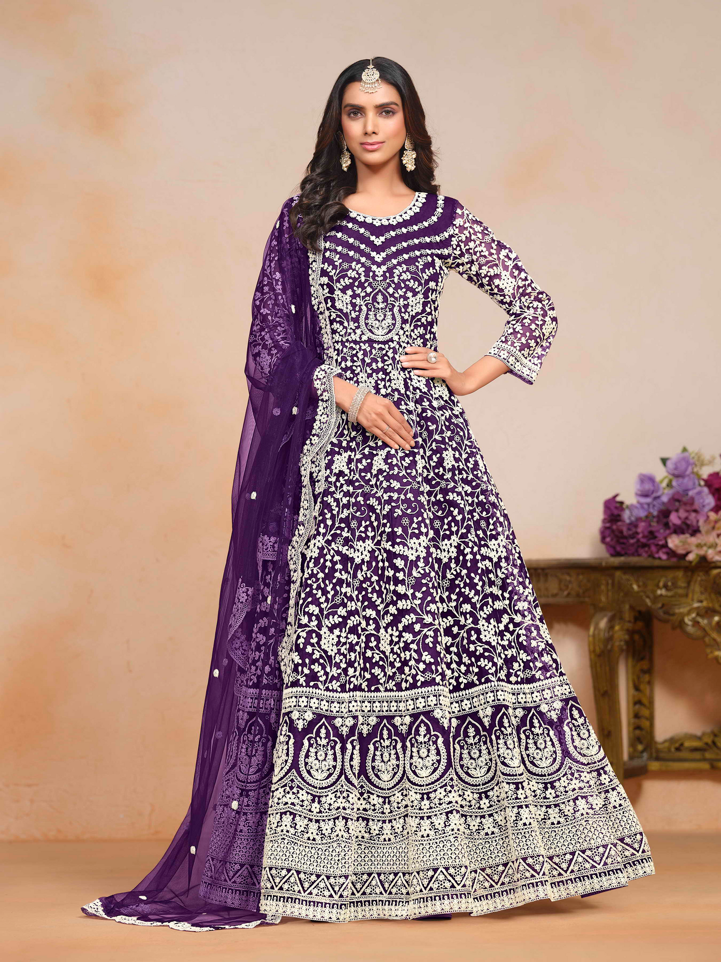Embroidered Net Anarkali Gown with Dori Work