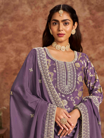 Embroidered Dolla Jacquard Palazzo Suit with Lace Dupatta