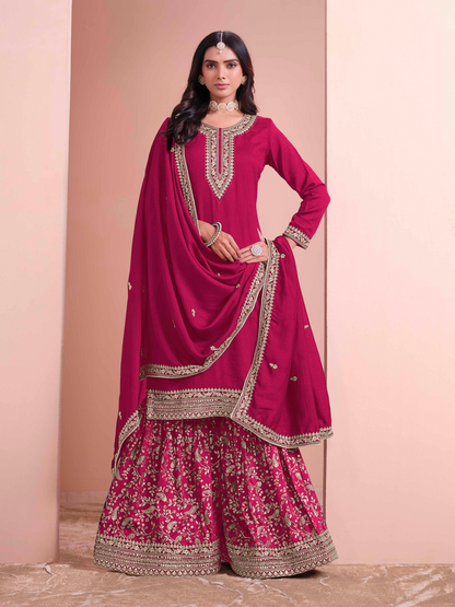Embroidered Art Silk Palazzo Suit with Lace Dupatta