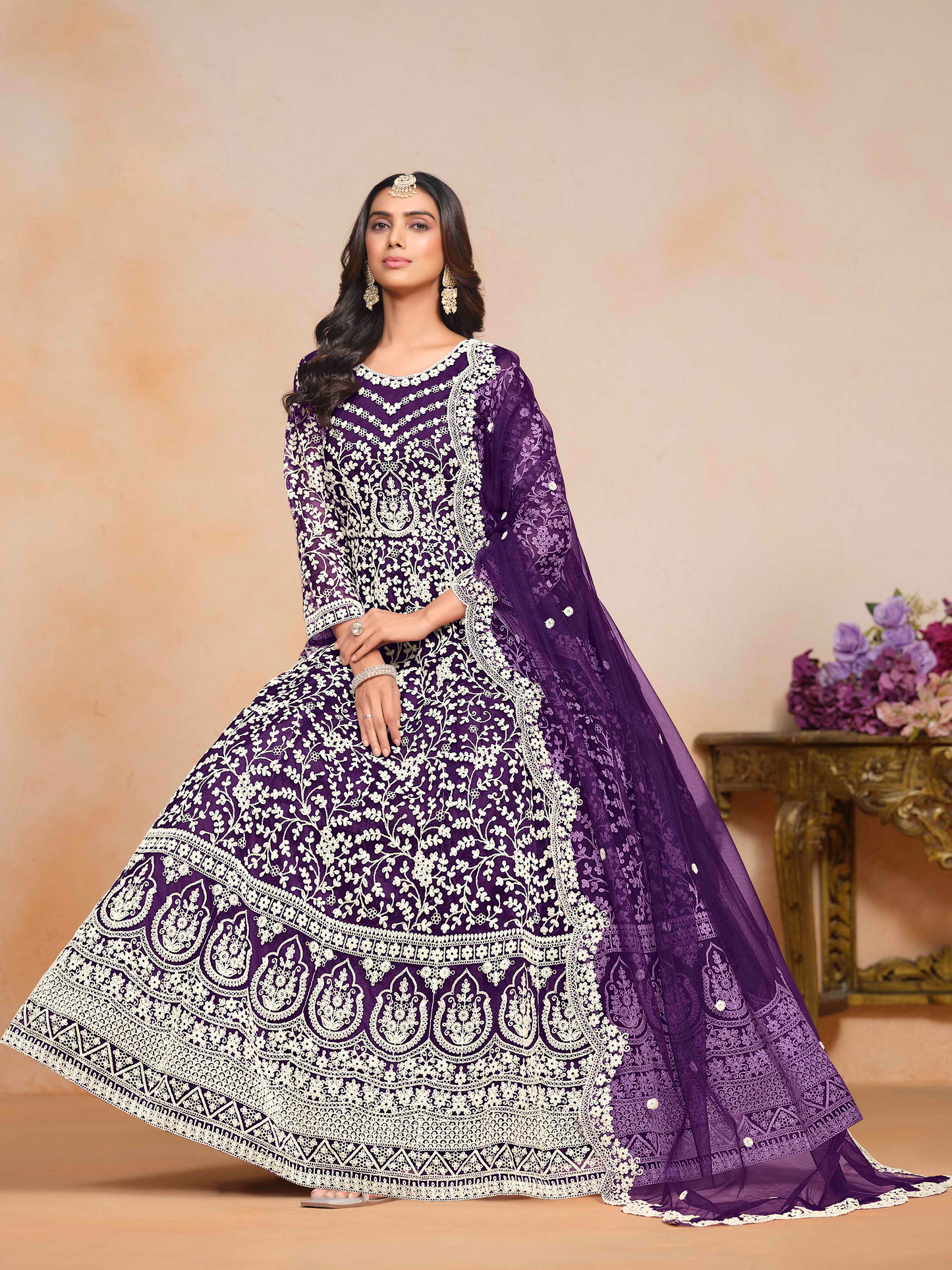 Embroidered Net Anarkali Gown with Dori Work