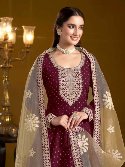 Embroidered Chanderi Butti Gown with Net Lace Dupatta