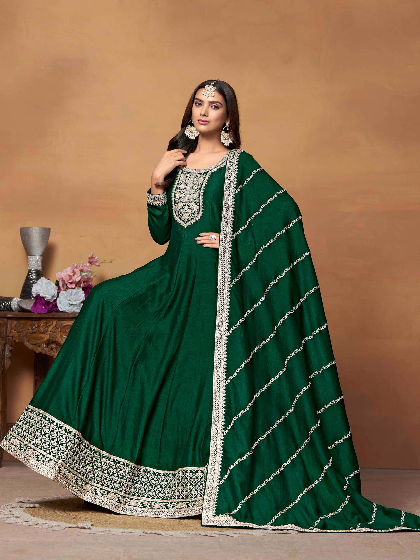 Embroidered Art Silk Gown with Dupatta