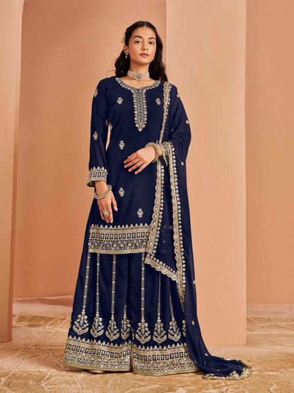 Embroidered Faux Georgette Palazzo Suit with Zari Lace Dupatta