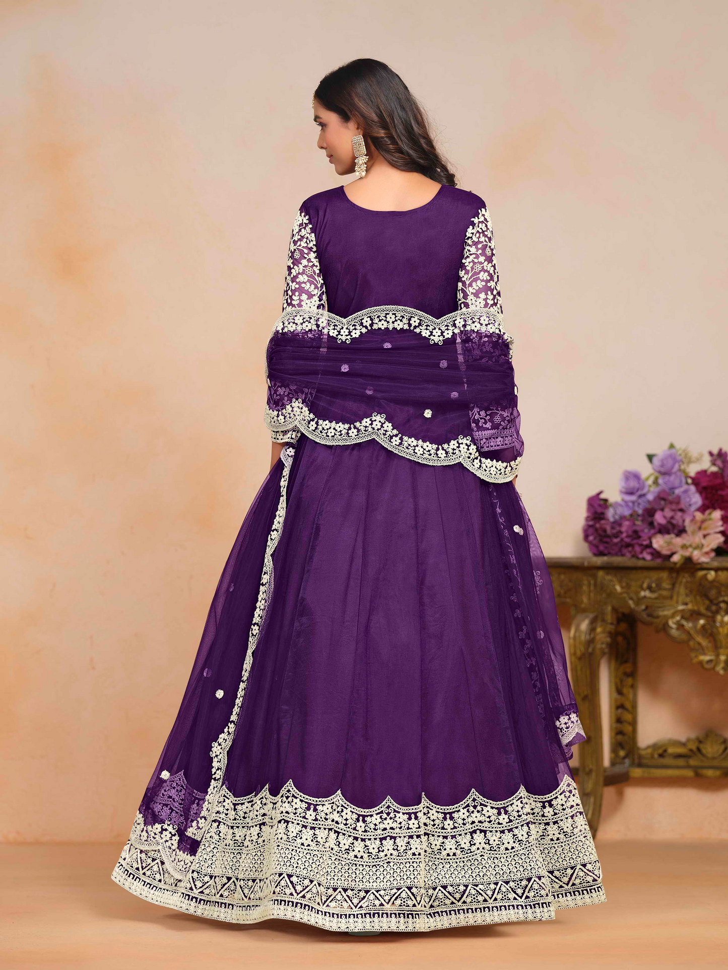 Embroidered Net Anarkali Gown with Dori Work