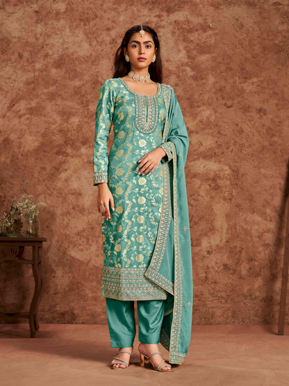 Embroidered Dolla Jacquard Palazzo Suit with Lace Dupatta
