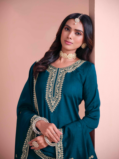 Embroidered Art Silk Palazzo Suit with Lace Dupatta