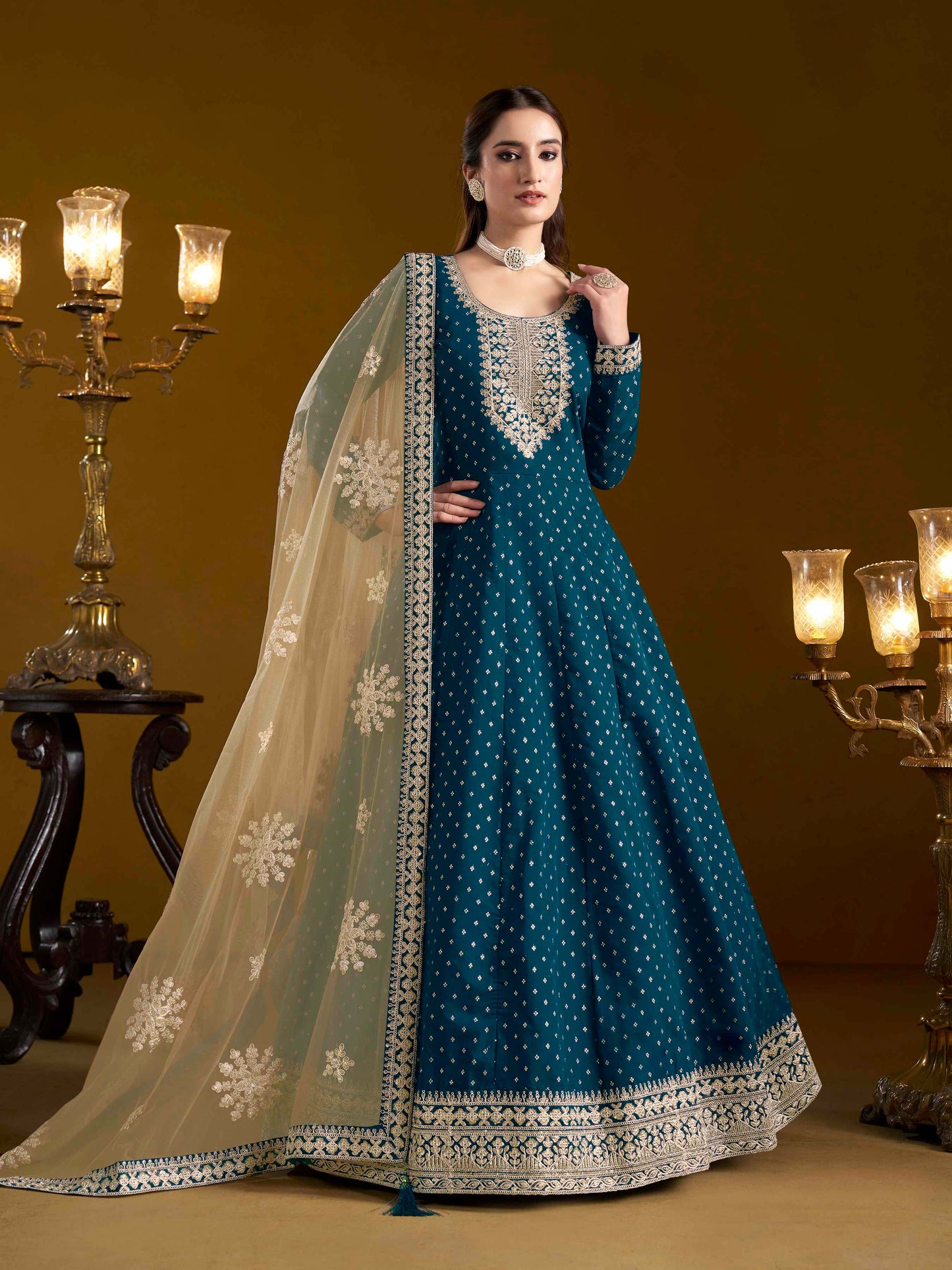 Embroidered Chanderi Butti Gown with Net Lace Dupatta