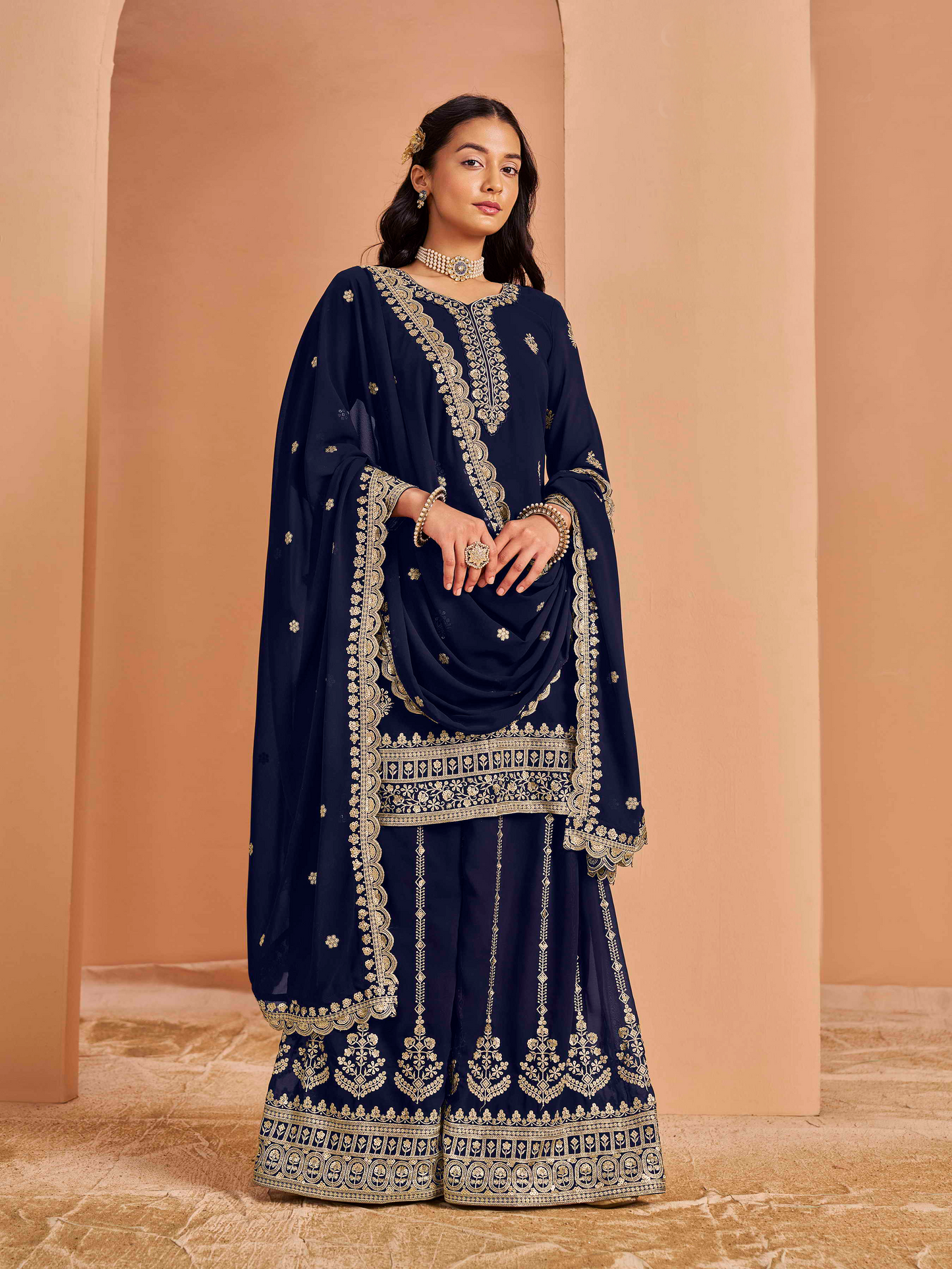 Embroidered Faux Georgette Palazzo Suit with Zari Lace Dupatta