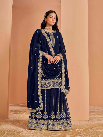 Embroidered Faux Georgette Palazzo Suit with Zari Lace Dupatta