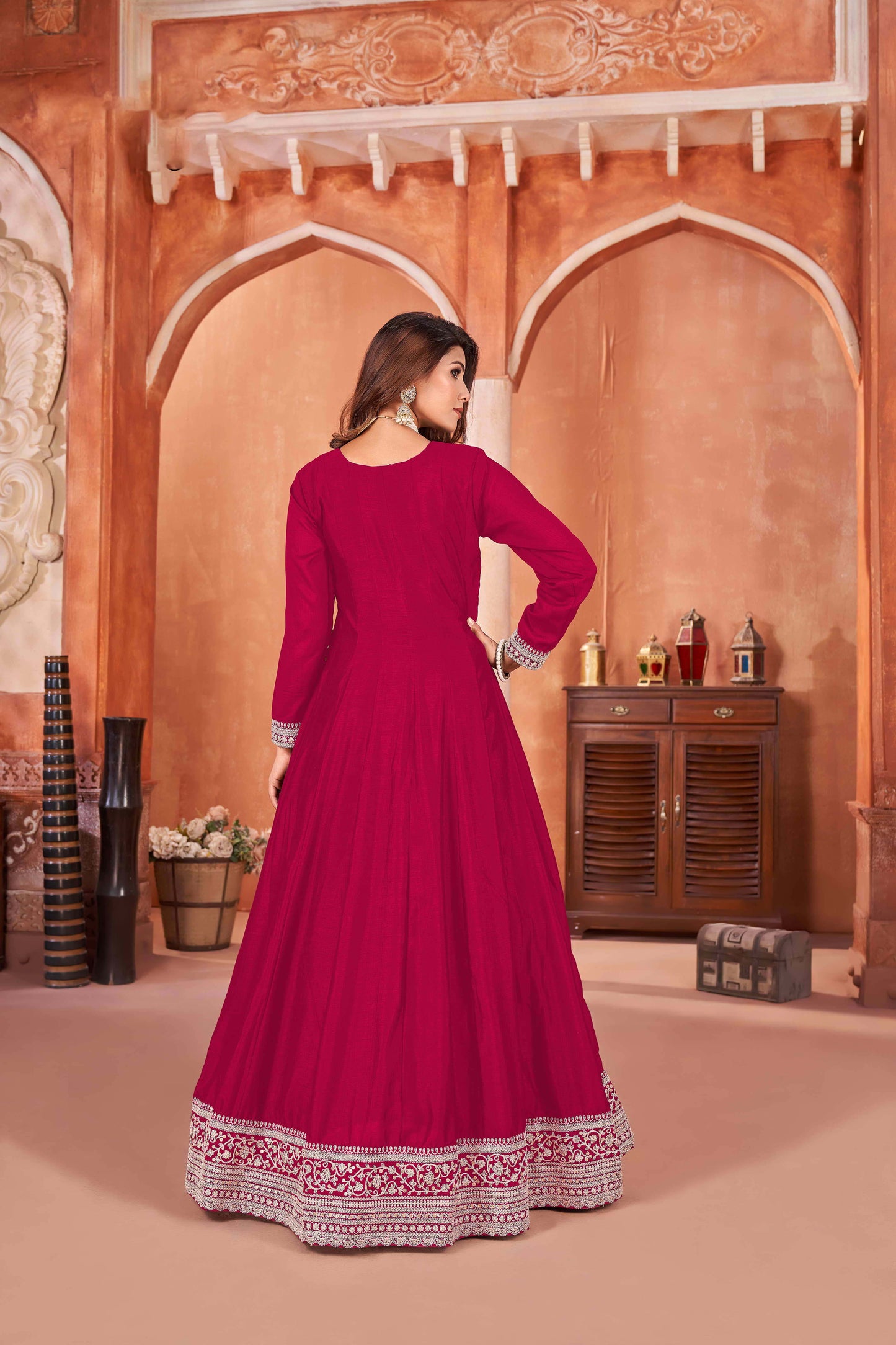 Embroidered Art Silk Gown with Lace Dupatta