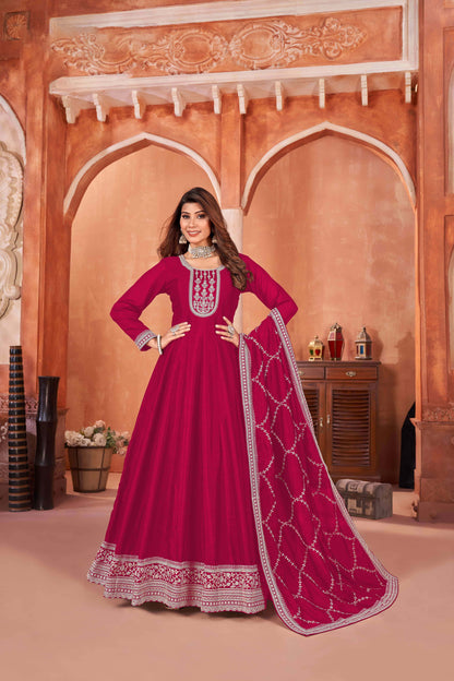 Embroidered Art Silk Gown with Lace Dupatta